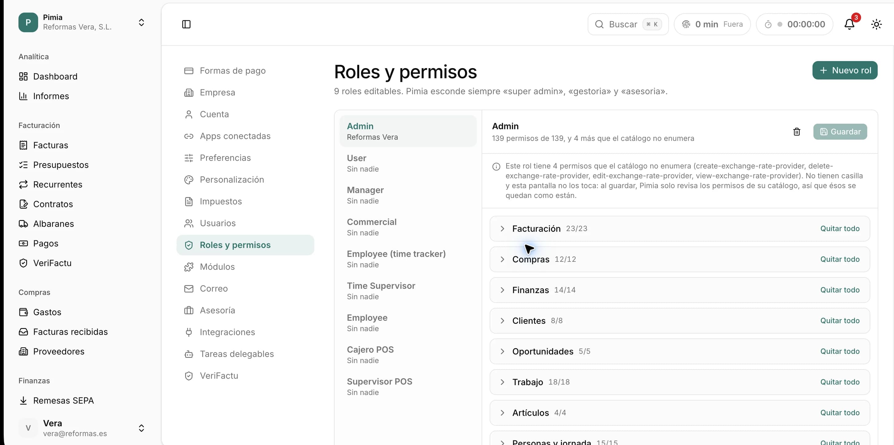 Roles y permisos en Pimia