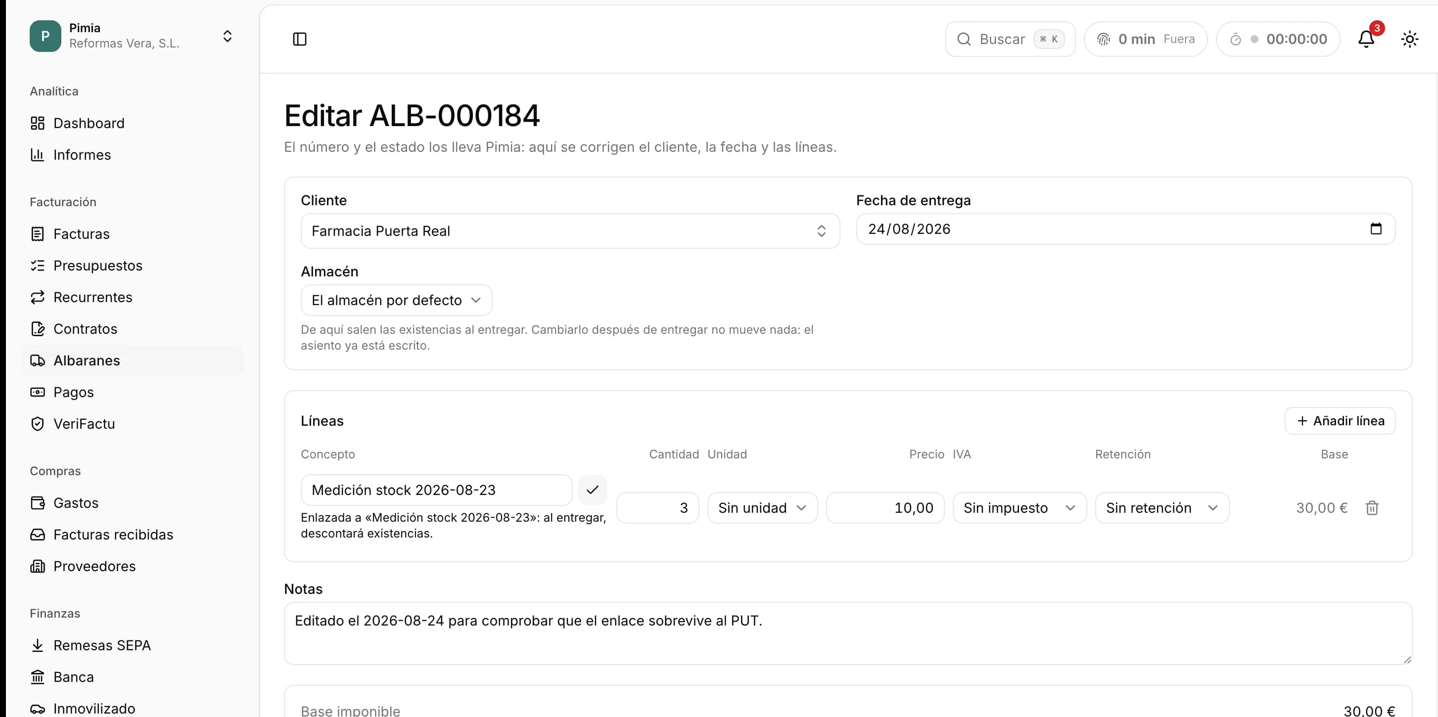 Editar albarán en Pimia