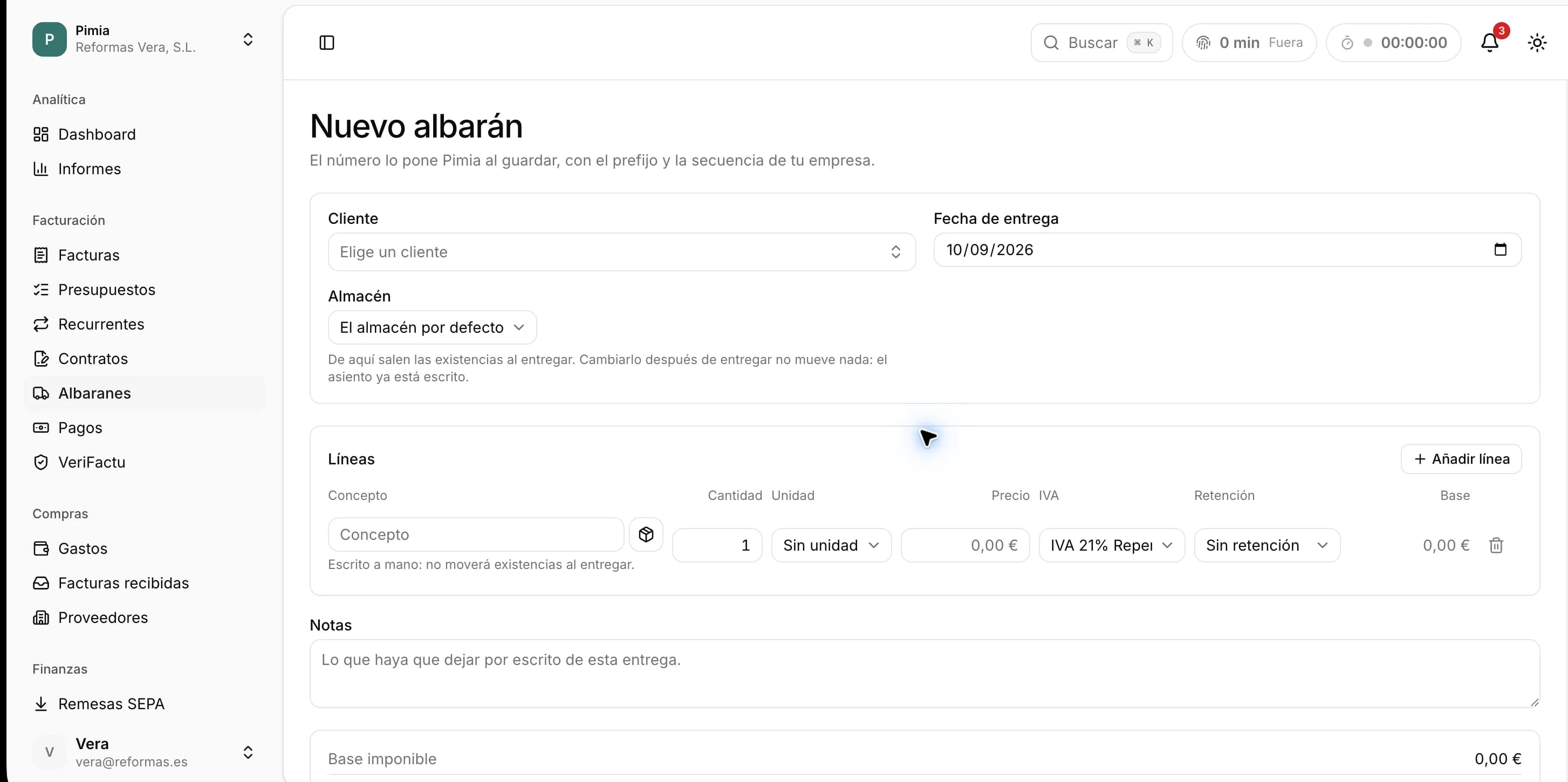 Nuevo albarán en Pimia