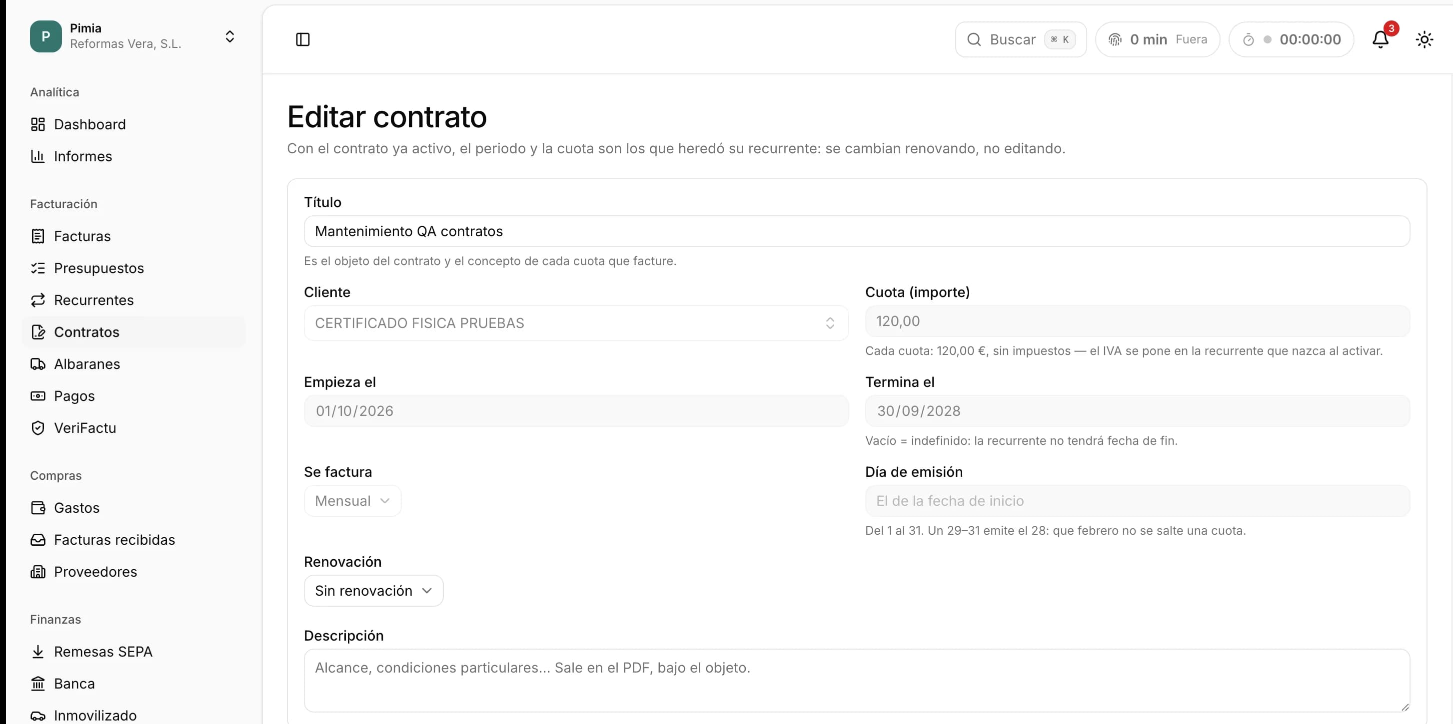 Editar contrato en Pimia