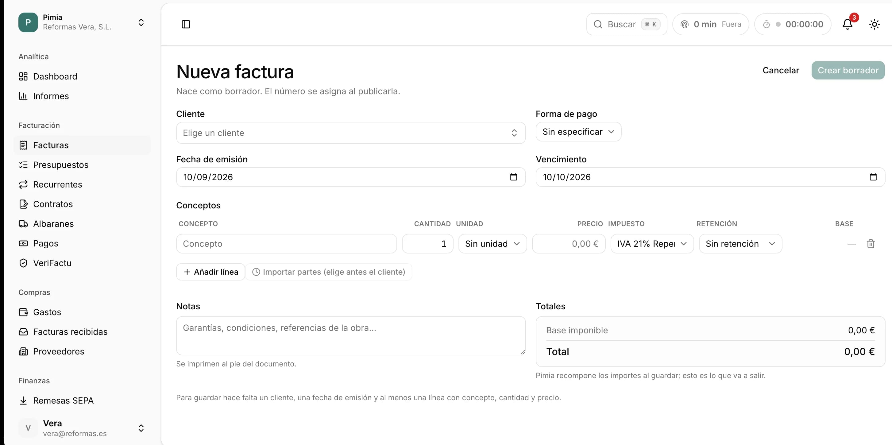 Nueva factura en Pimia