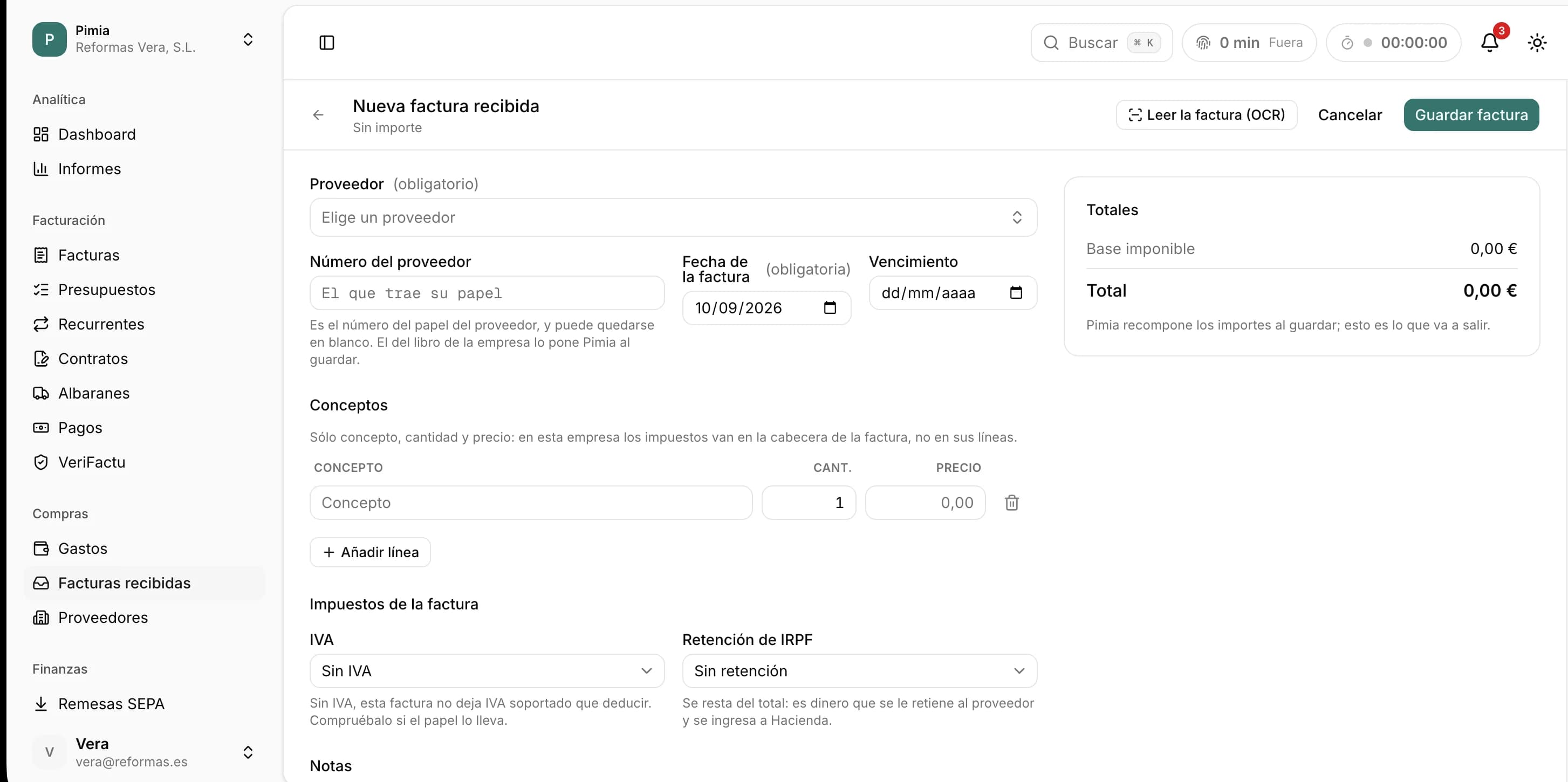 Nueva factura recibida en Pimia