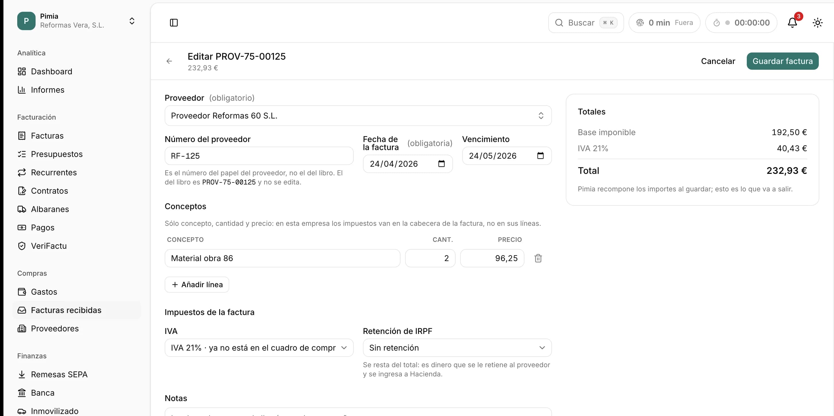 Editar factura recibida en Pimia