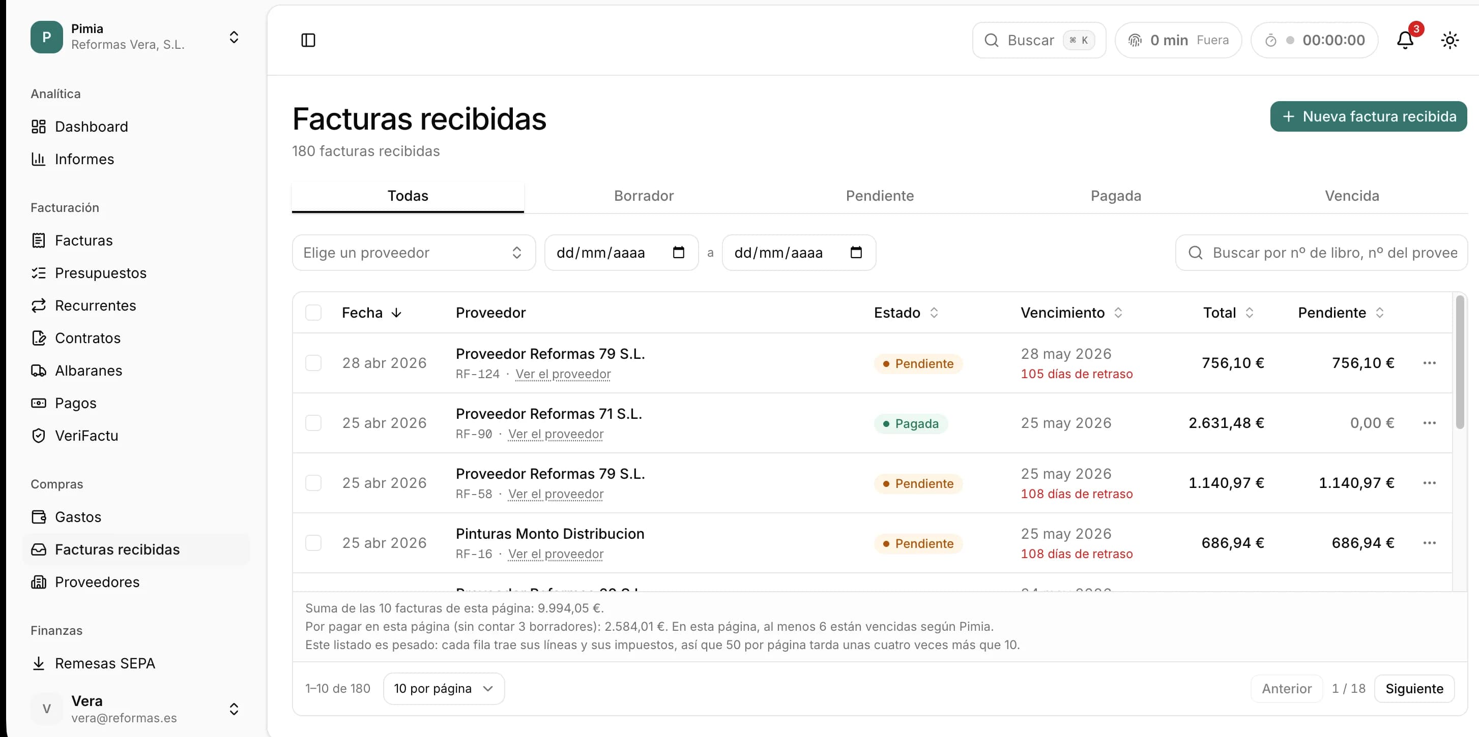 Facturas recibidas en Pimia