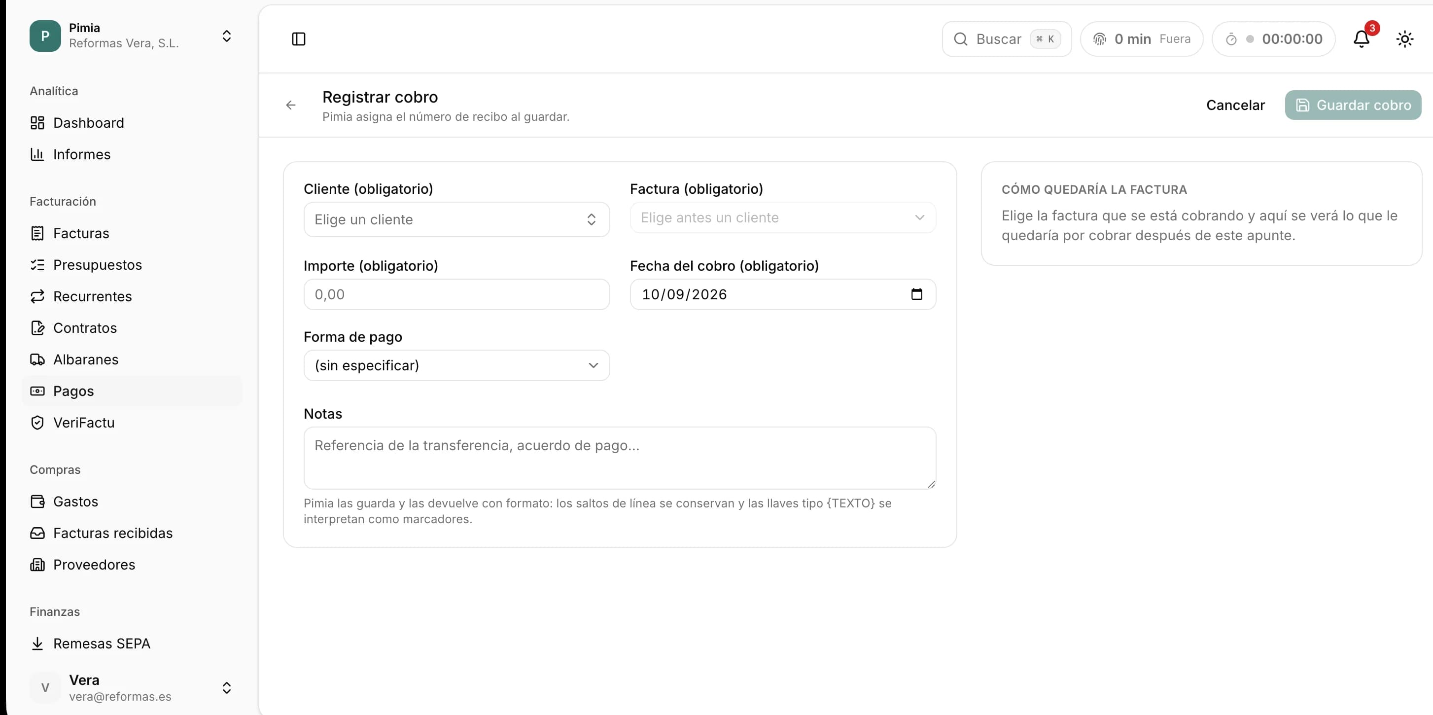 Registrar cobro en Pimia